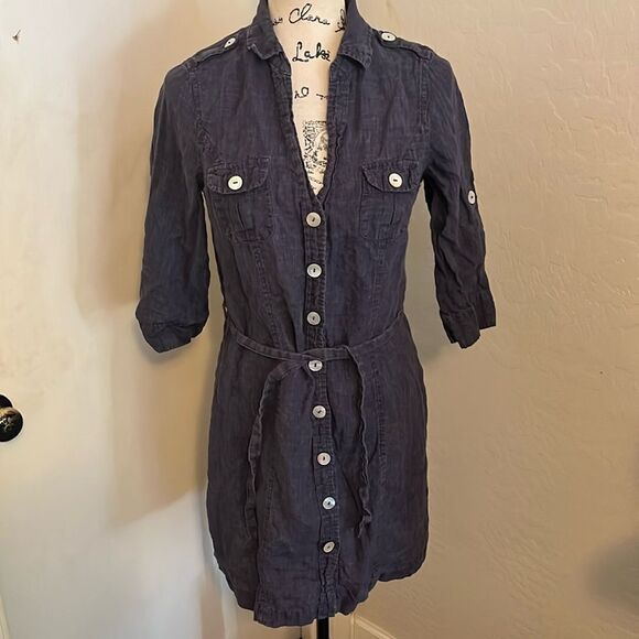 Malvin Blue 100% Linen Button Closure Belted Roll Tab Dress - Picture 1 of 12
